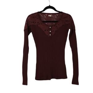 Hollister Burgundy Floral Lace Waffle Knit Thermal Henley Long Sleeve Top XS Y2K